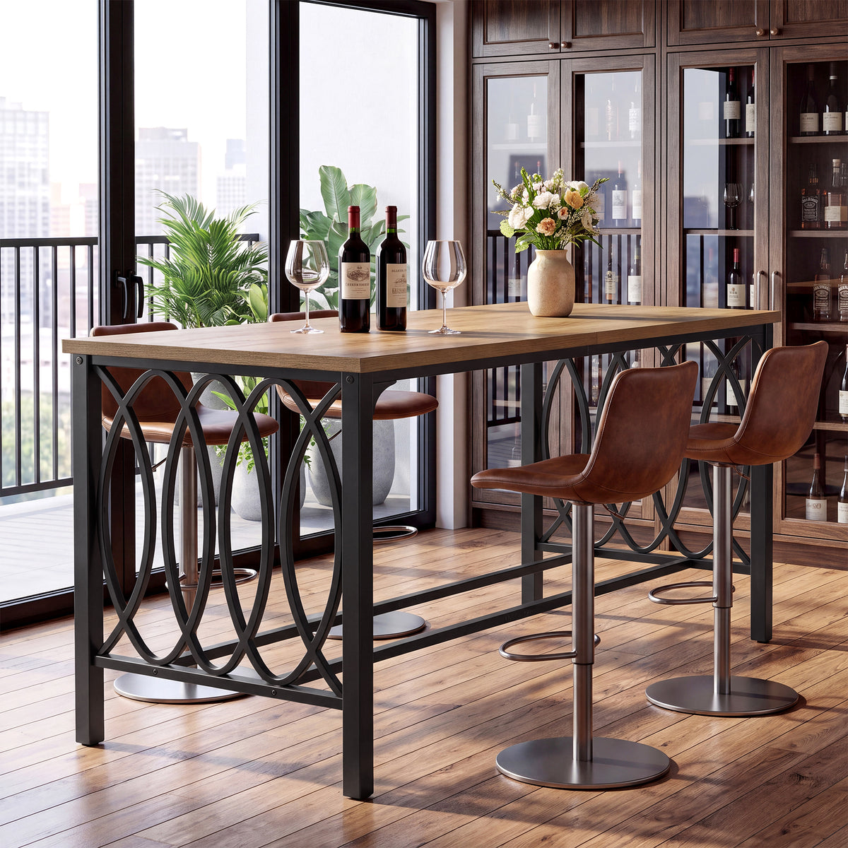 63" Industrial Bar Height Dining Table, Metal Footrest & Decorative Frame, Rectangular Pub Table(Only Table)