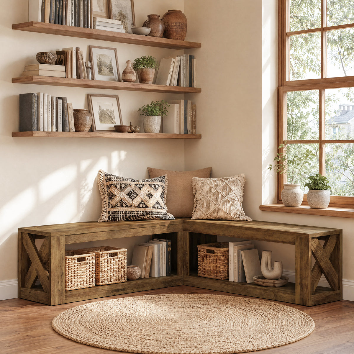 61" L-Shaped Entryway Bench, 2-Tier Corner Bench with Storage Shelf for Living Room
