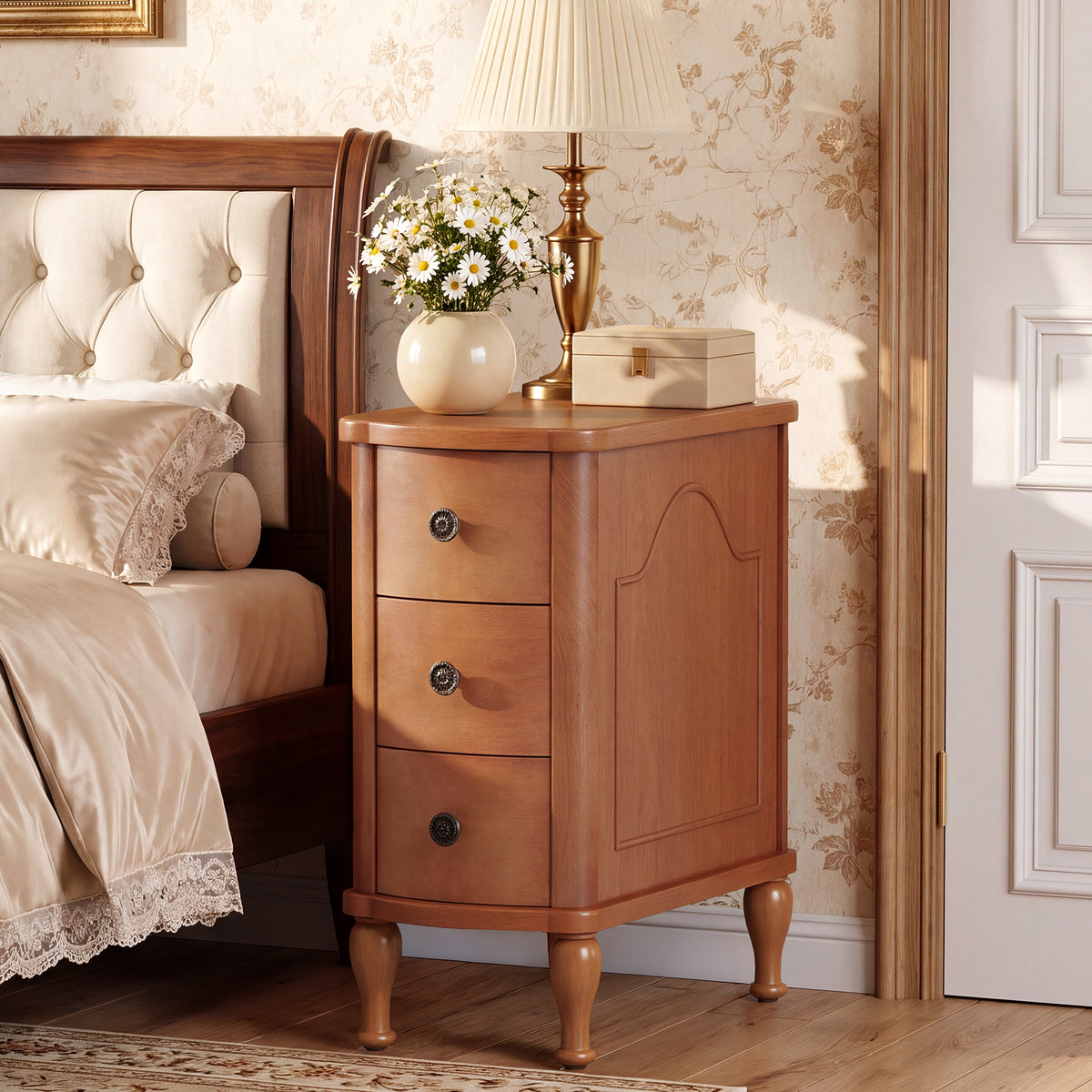 25.78 Inch Solid Wood End Table with 3 Drawers, Vintage Narrow Side Table