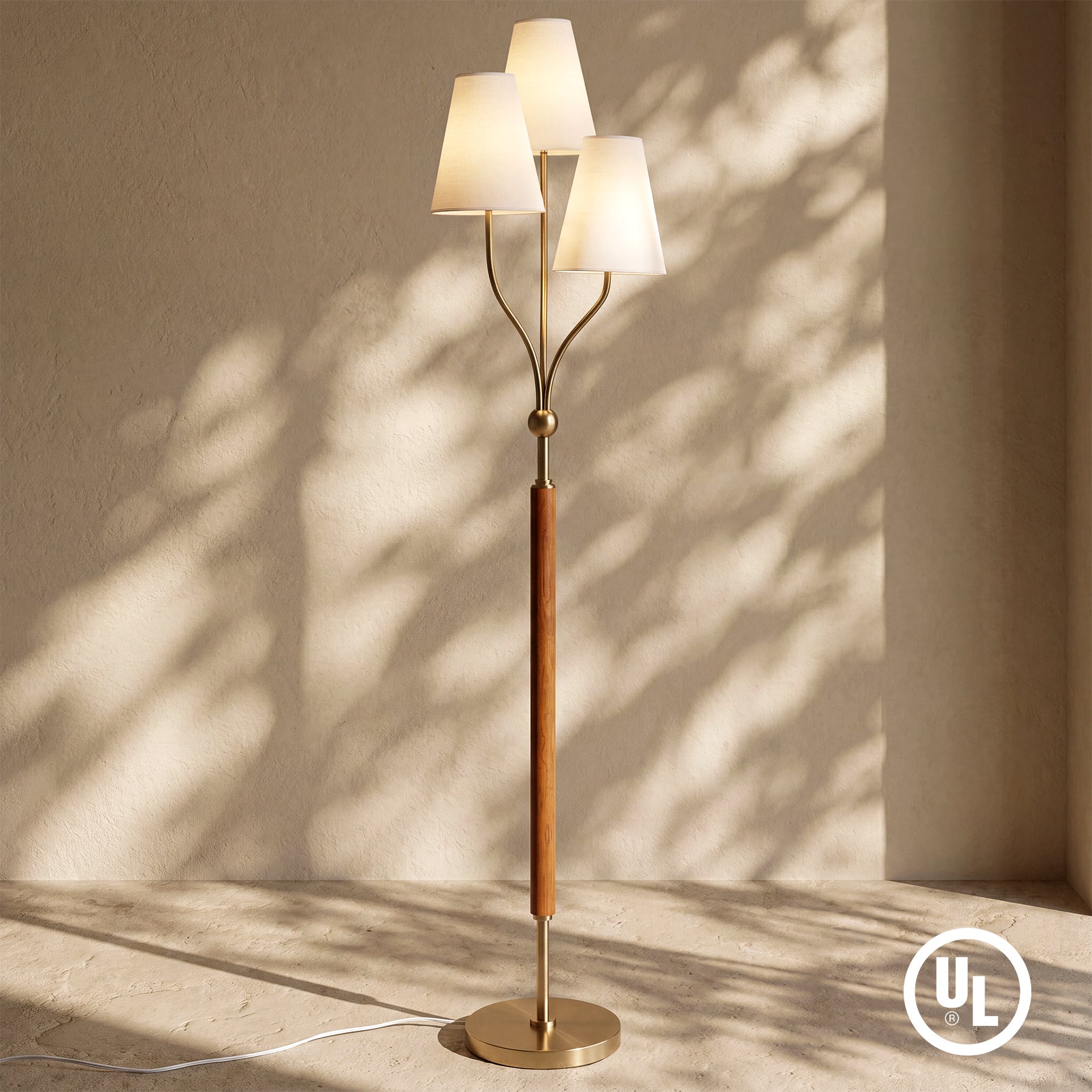 64.96" Height 3-Head Floor Lamp with Linen Fabric Shades, Natural Rubberwood Handle