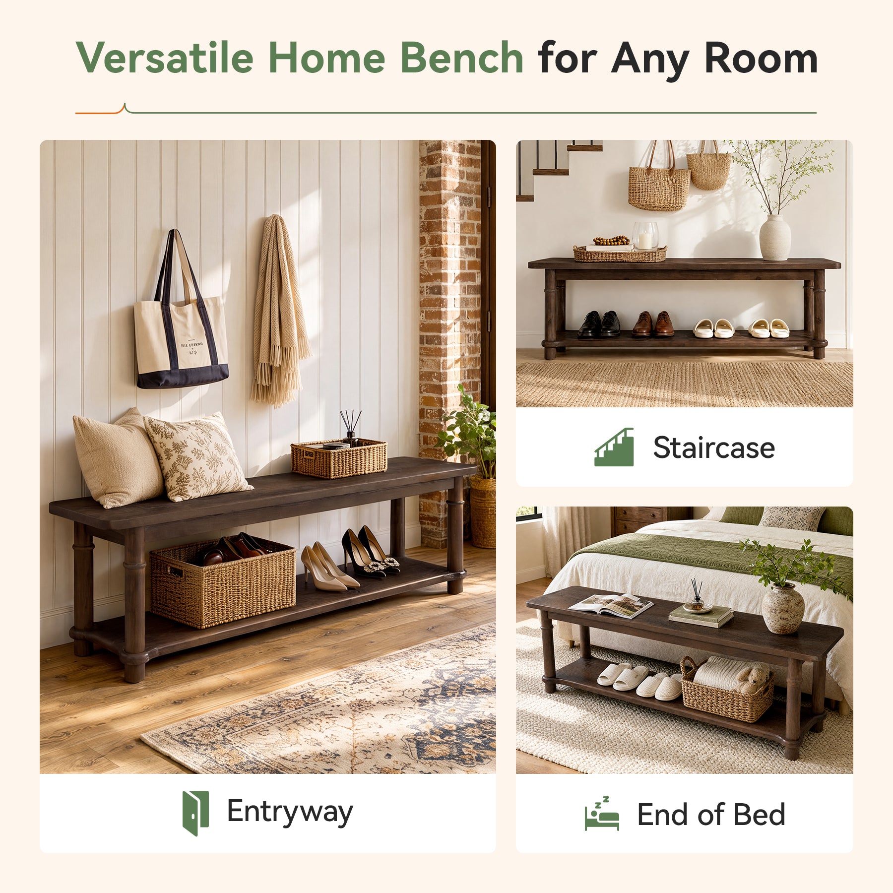 55" Farmhouse Entryway Bench with Open Shelf, 2-Tier Solid Wood Shoe Bench, Hallway