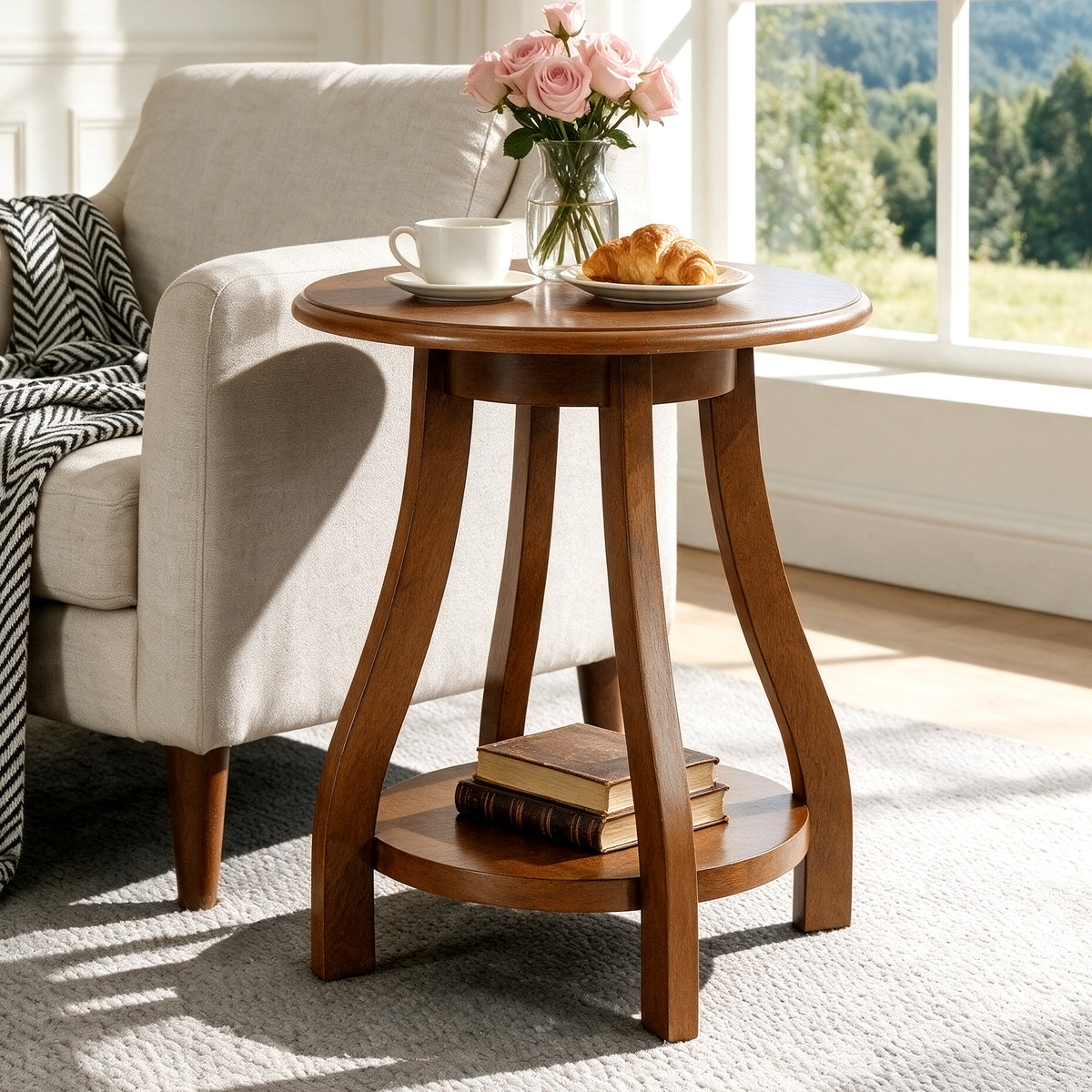 Solid Wood Round End Table, 2-Tier Small Side Table with Curved Legs for Living Room