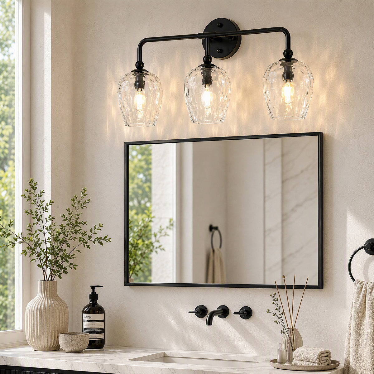 3-Light 22" Bathroom Vanity Light, Matte Black Wall Sconce with Water Ripple Glass