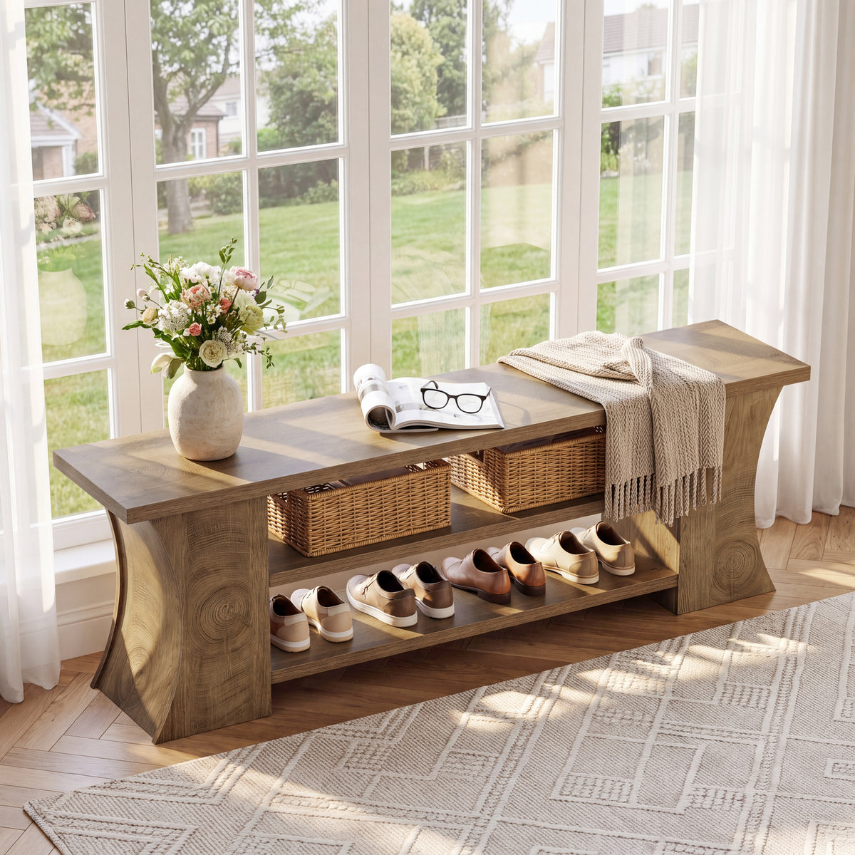 63" Entryway Bench with Shoe Storage, 3-Tier Farmhouse Shoe Bench for Hallway