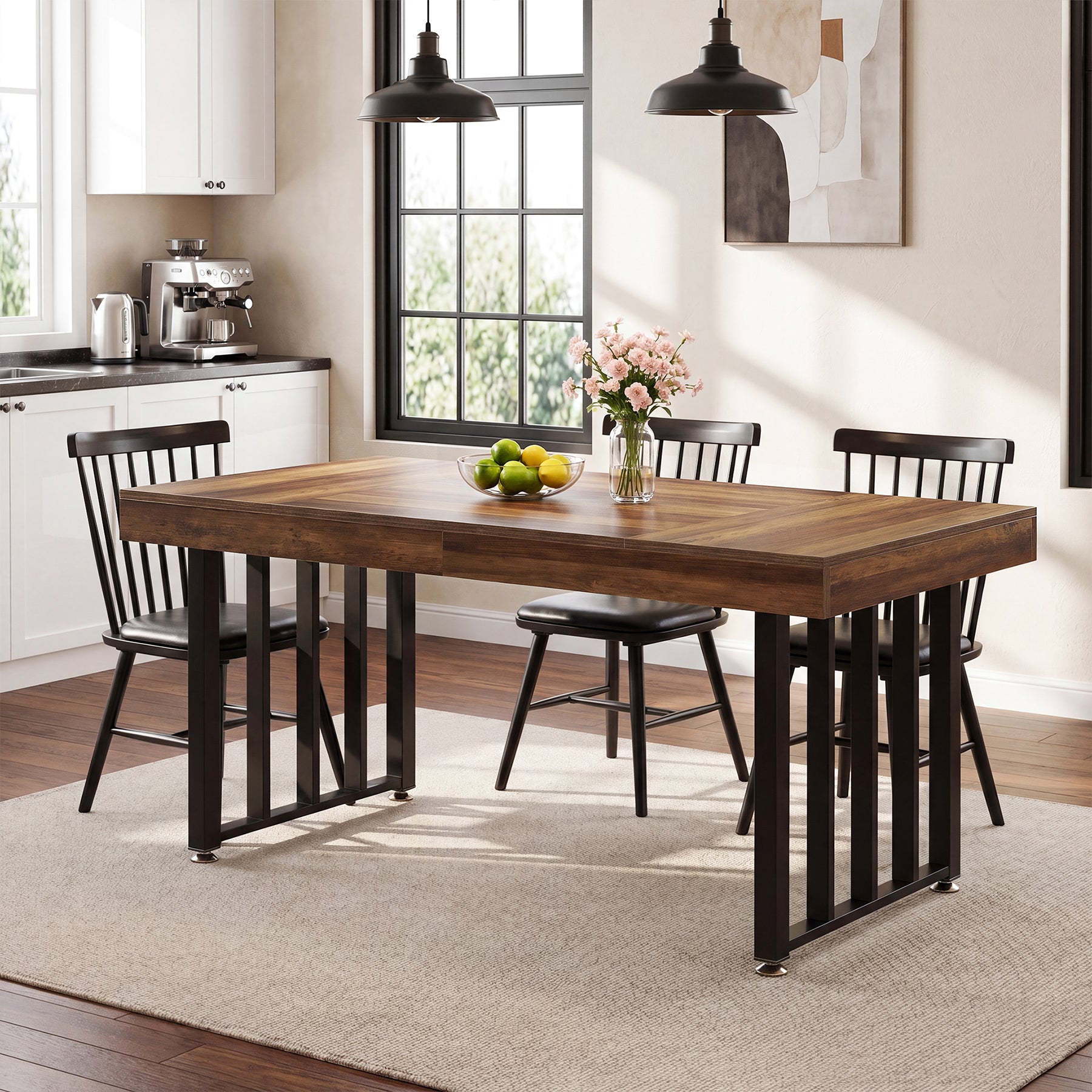55.12" Dining Table for 4-6 People, Rectangle Kitchen Table with Metal Frame