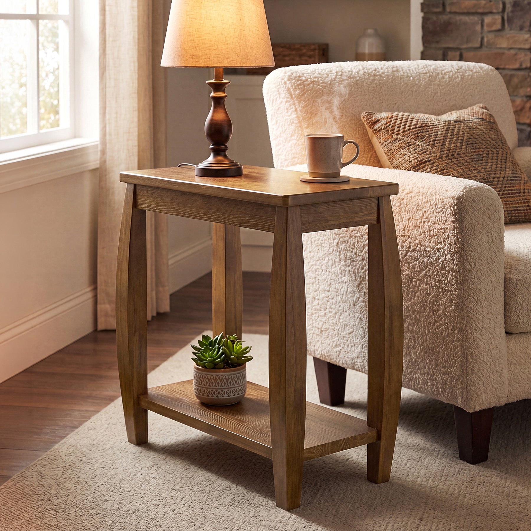 23.62" Solid Wood End Table, 2-Tier Narrow Side Table for Living Room, Small Places