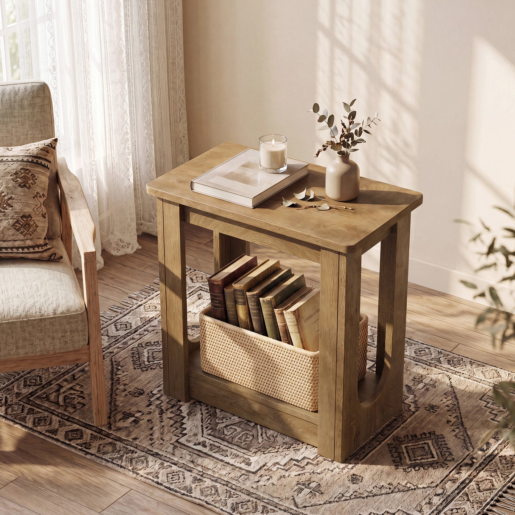23.62" End Table with Storage Shelves, Narrow Side Table Nightstand for Living Room