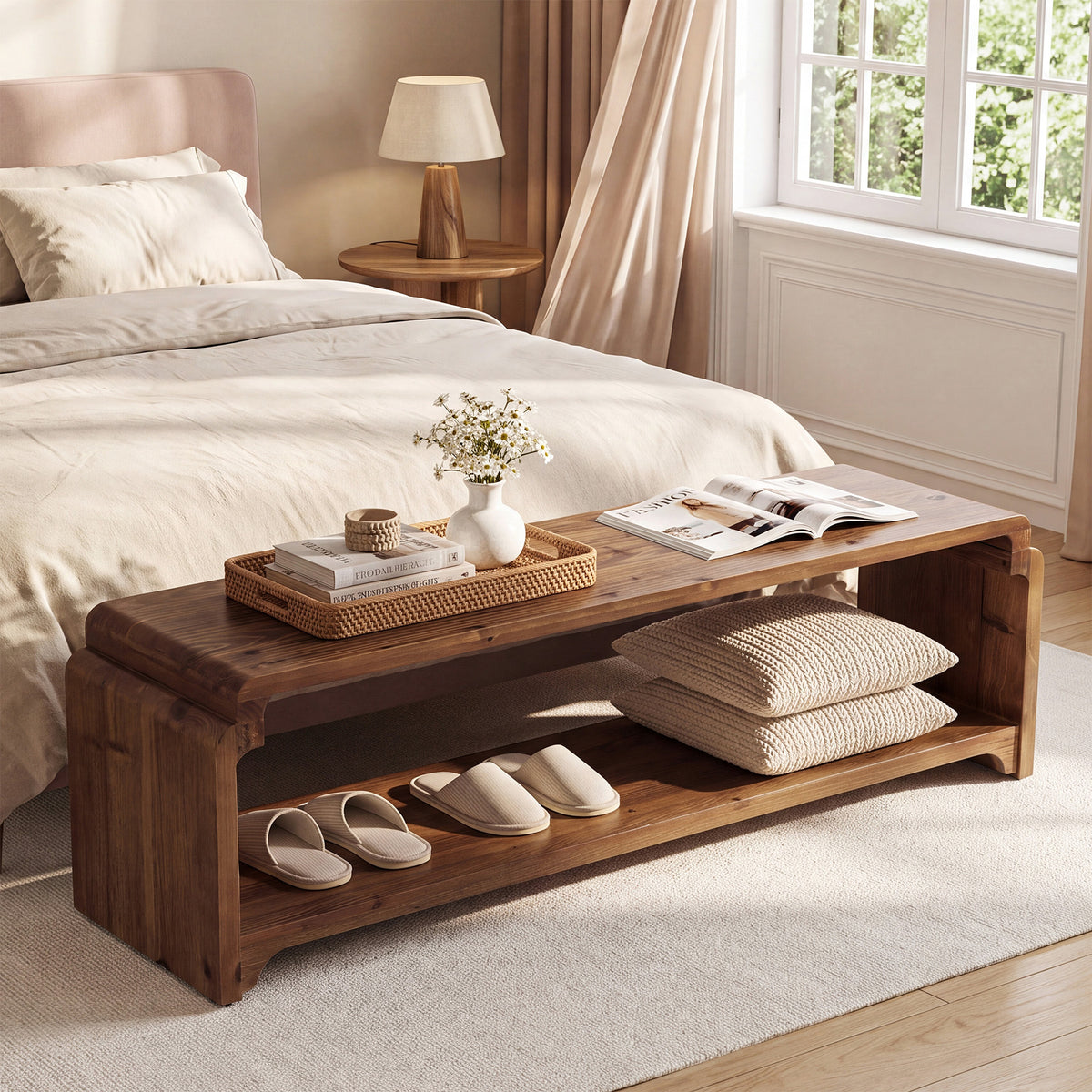 55.12" Solid Wood Entryway Shoe Bench with Storage, Farmhouse Storage Bench for Hallway