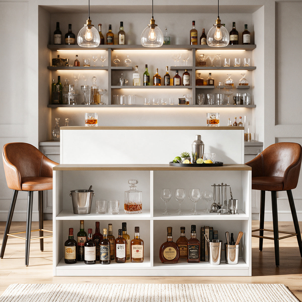 4-Tier Bar Table with Storage, Rectangular Pub Table with 4 Open Cubbies &  2-Tier Worktop