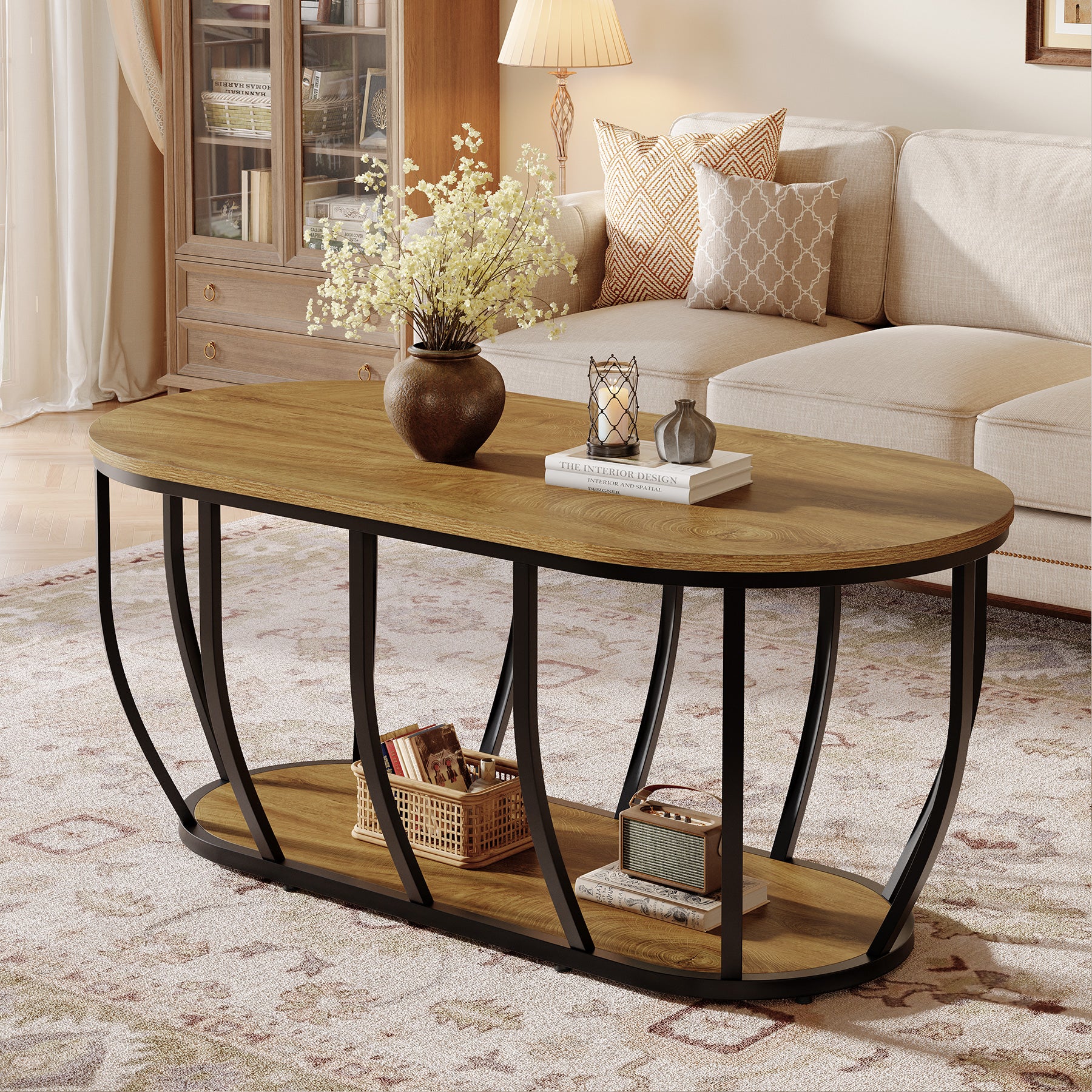 Tribesigns Oval Coffee Table with 2-Tier Storage - Thumbnail 3