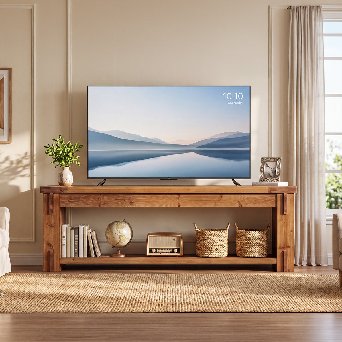 71" Farmhouse Solid Wood TV Stand for TVs Up to 75", 2-Tier Open Storage