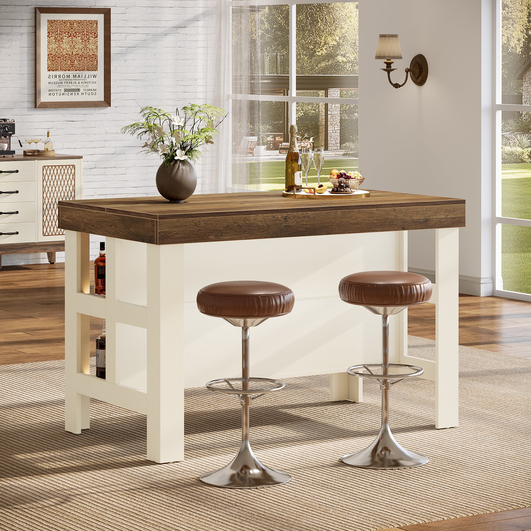 Home Bar Table Unit, 55" Counter Height Bar Cabinet with Storage Shelves