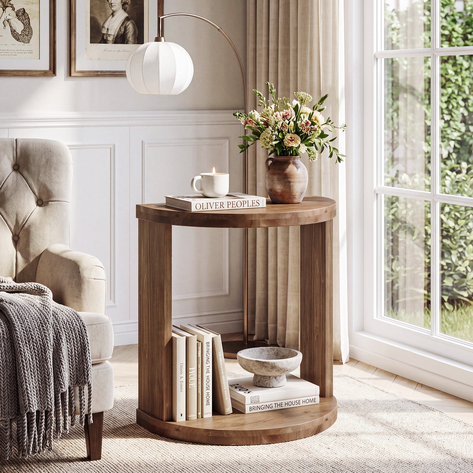 Half Moon End Table with Storage Shelf, Solid Wood Farmhouse Side Table, 2-Tier Shelves, Living Room & Bedroom