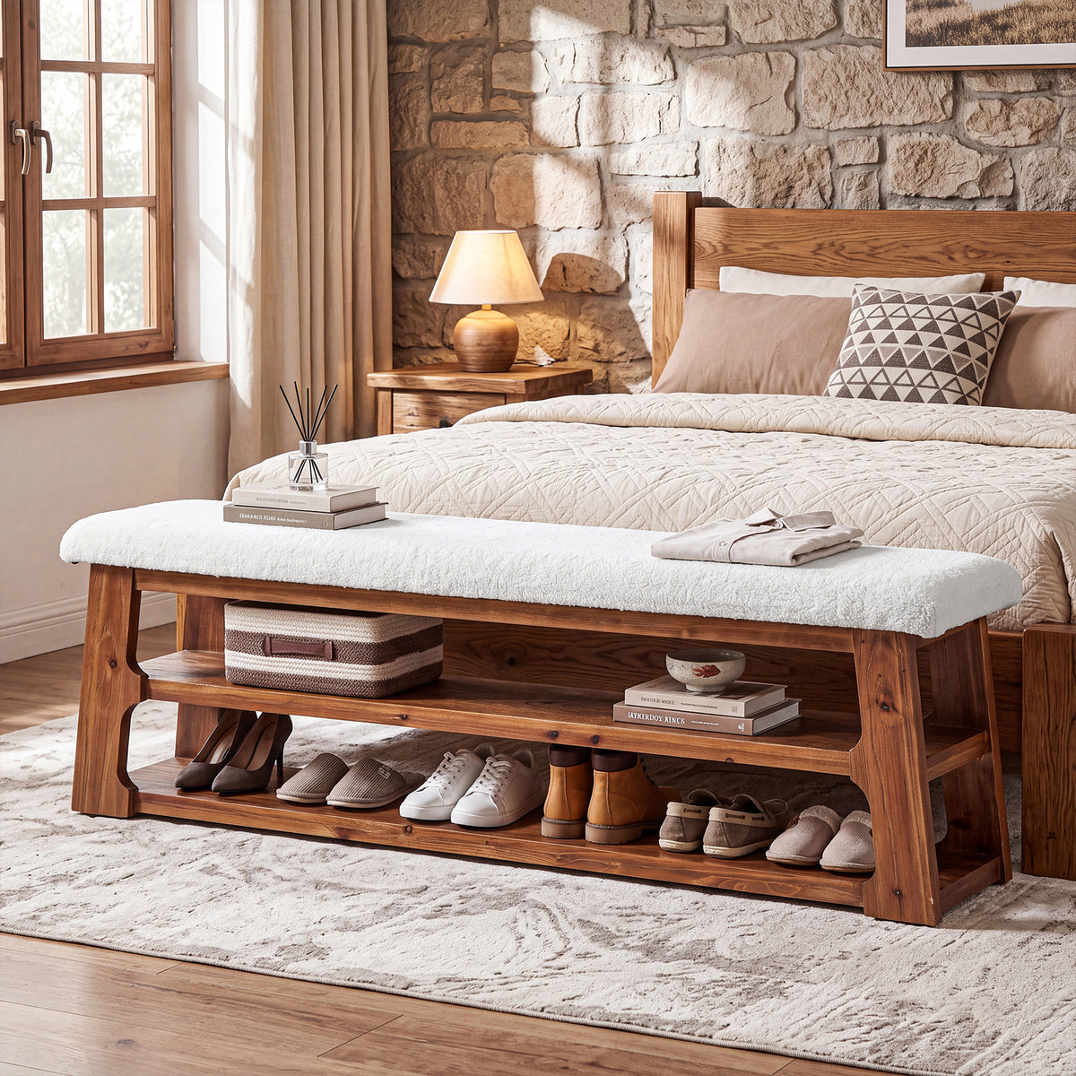 3-Tier Solid Wood Entryway Bench, 63" Shoe Bench with Faux Shearling Cushion for Hallway