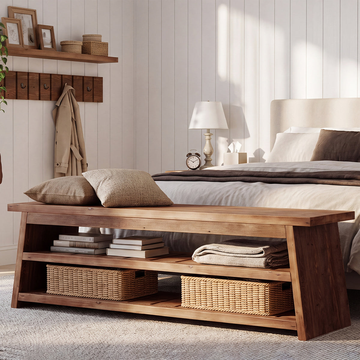 3-Piece Solid Wood Entryway Set, 63" W Coat Rack Set with Bench
