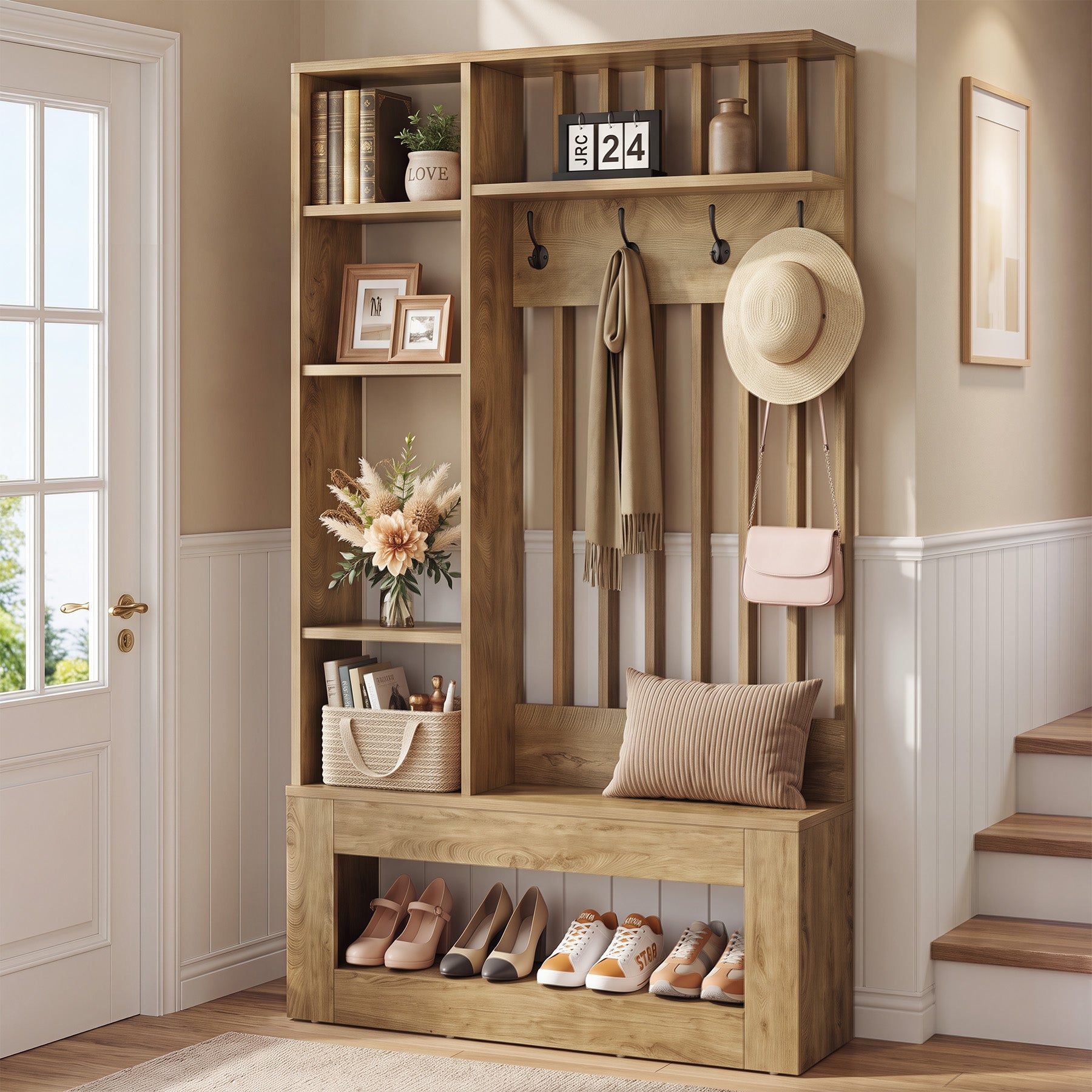 70.8" Tall Hall Tree, 5-in-1 Entryway Bench with Shoe Storage & 5 Storage Cubbies