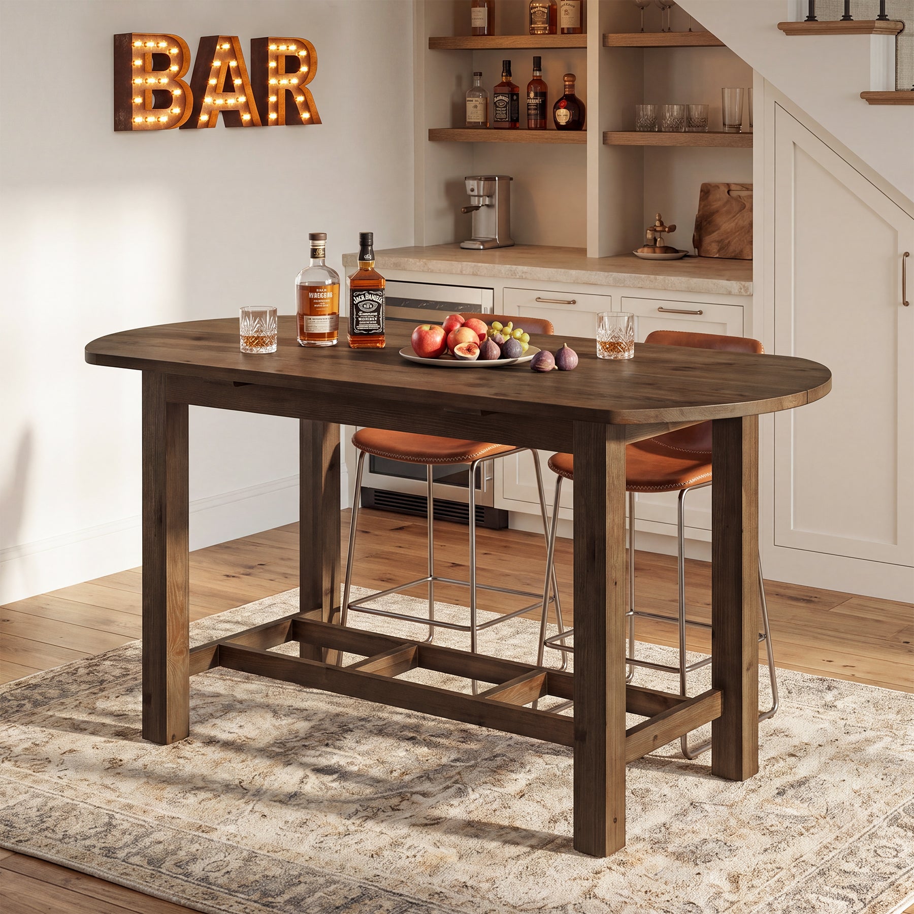 63" Solid Wood Bar Table, Oval Counter Height Pub Table with Footrest