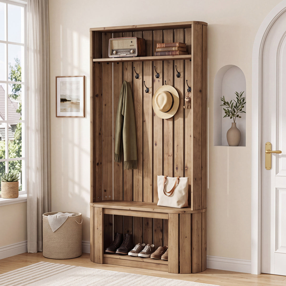 Solid Wood Hall Tree with Bench & Shoe Storage, 7 Hooks, Freestanding Entryway Coat Rack