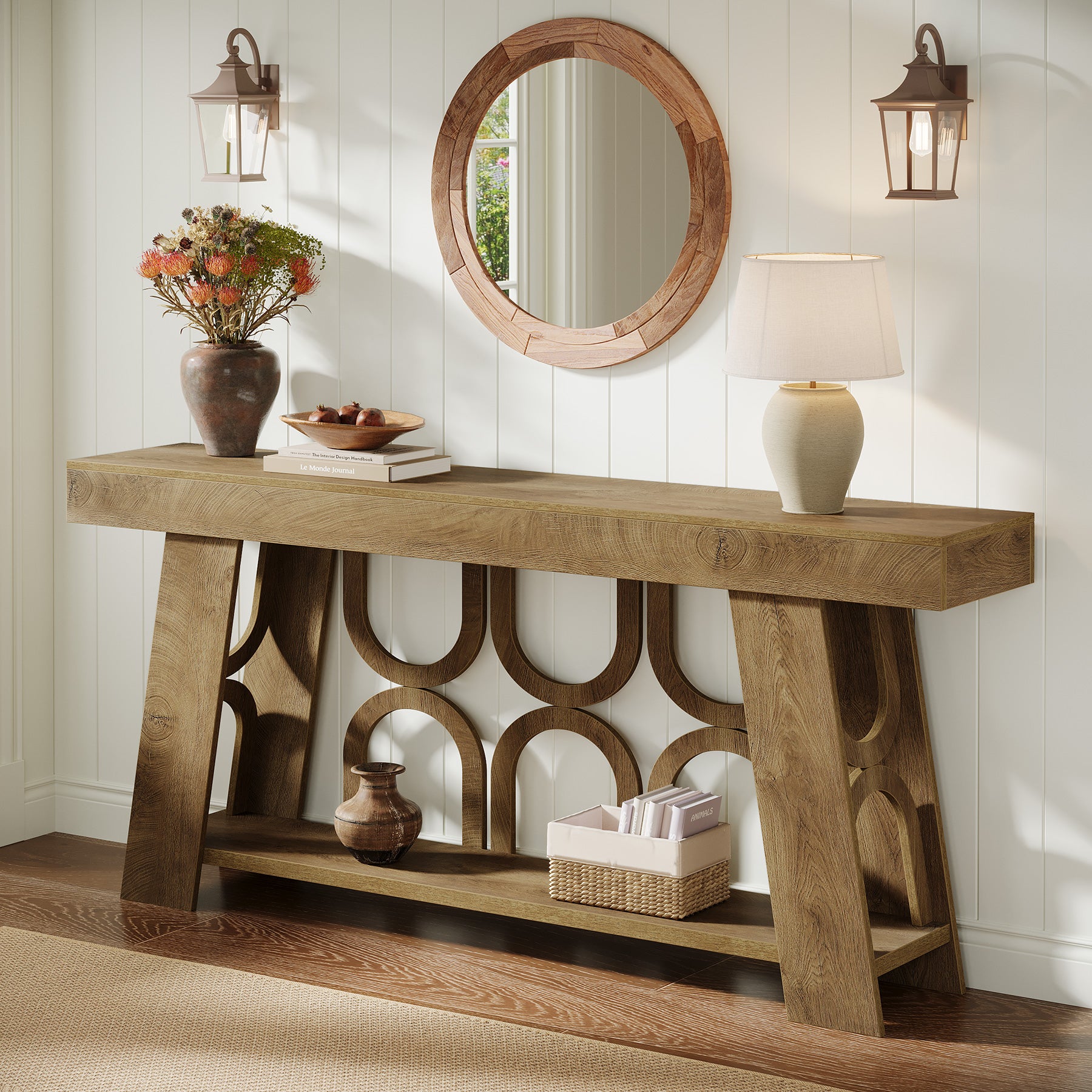 63" Console Table with Arched Legs, 2-Tier Farmhouse Entryway Table