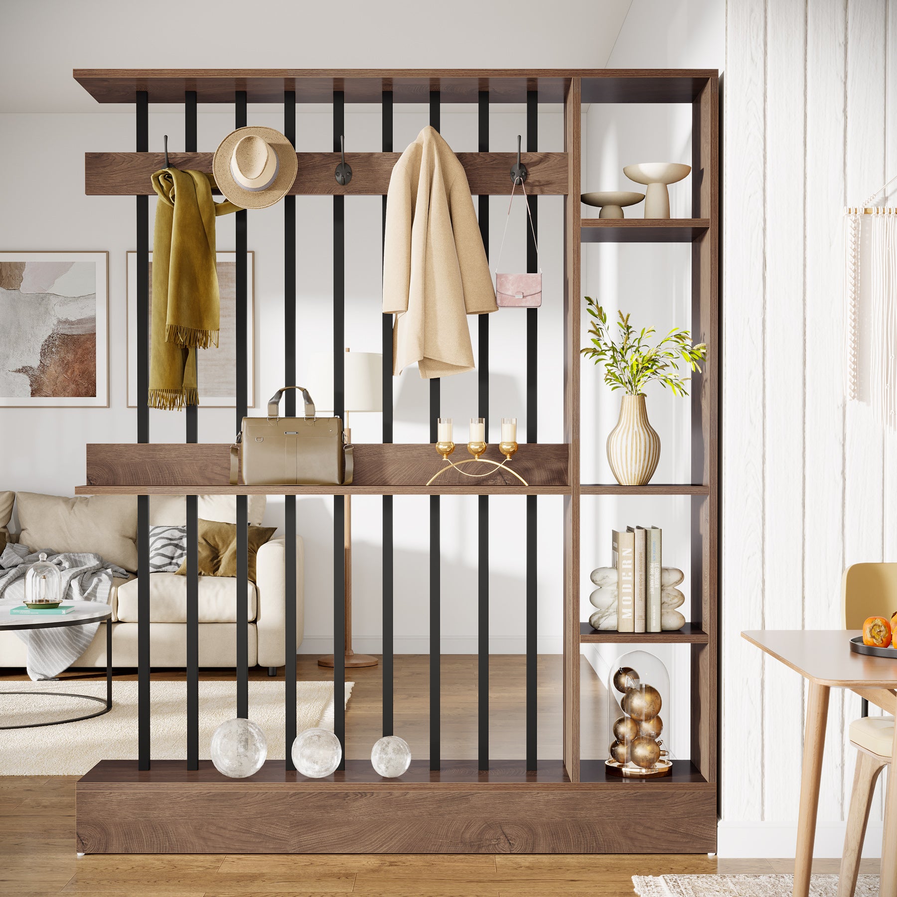 71" Wall Room Divider, Modern  Room Partition with Shelves & Coat Hooks for Entryway