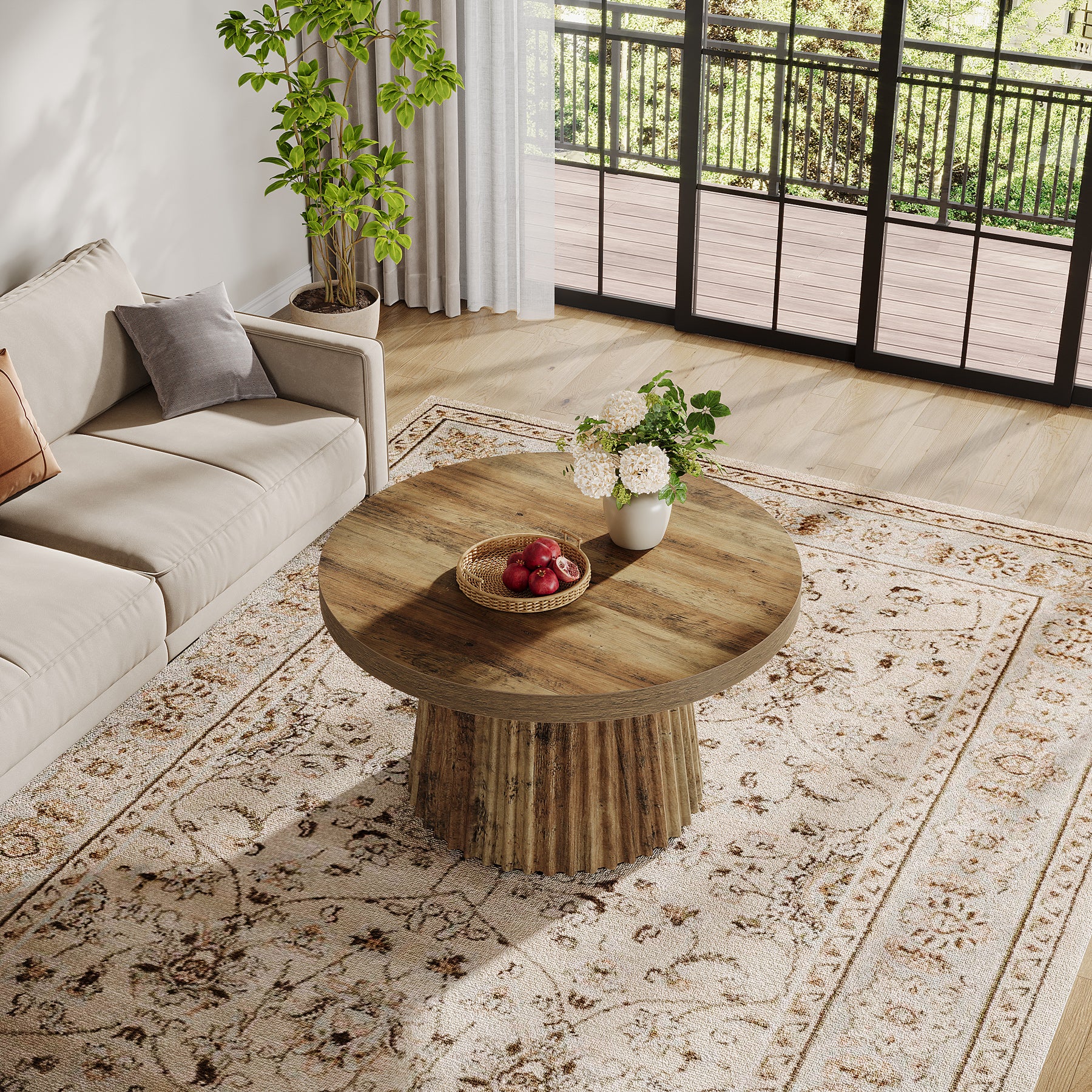 Round Coffee Table, 31.5" Circle Center Table with Fluted Drum Base