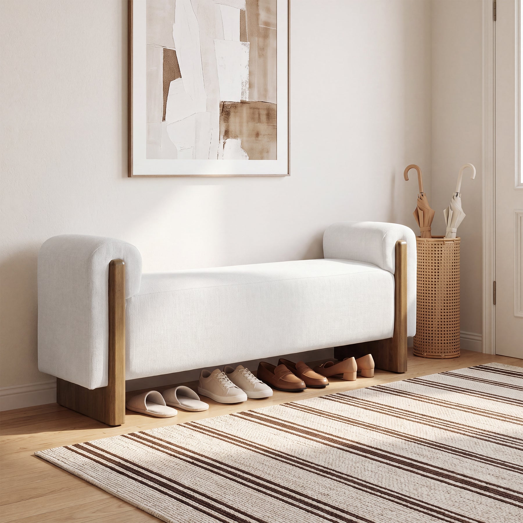 55" Upholstered Entryway Bench with Arms, Modern Cushion Seat, Solid Wood Base, Living Room