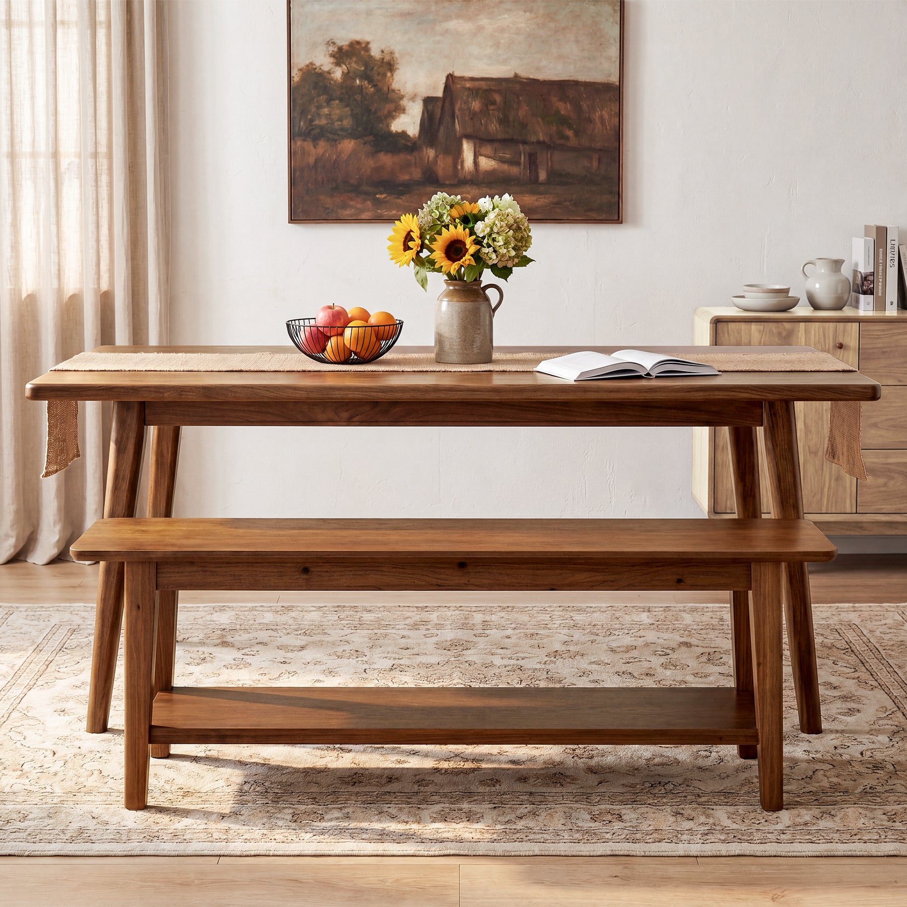 55" Solid Wood Dining Bench, Farmhouse Kitchen Bench with Lower Shelf