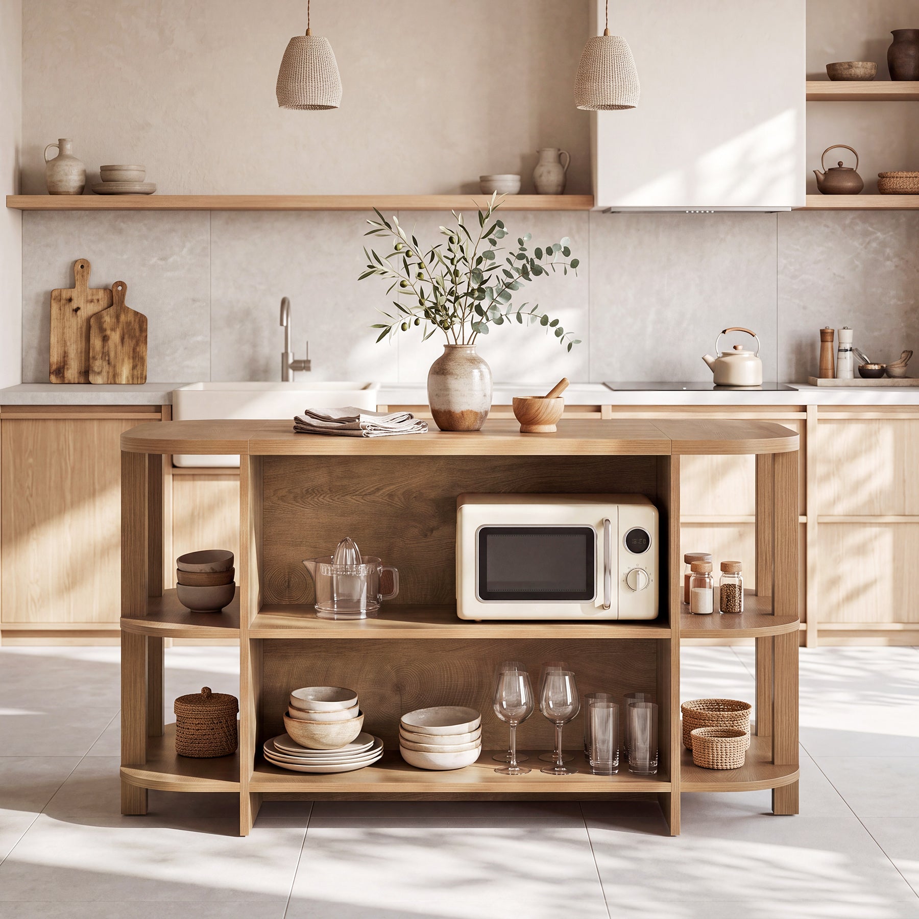 63" Farmhouse Kitchen Island, Counter Height Bar Table with 3-Tier Storage