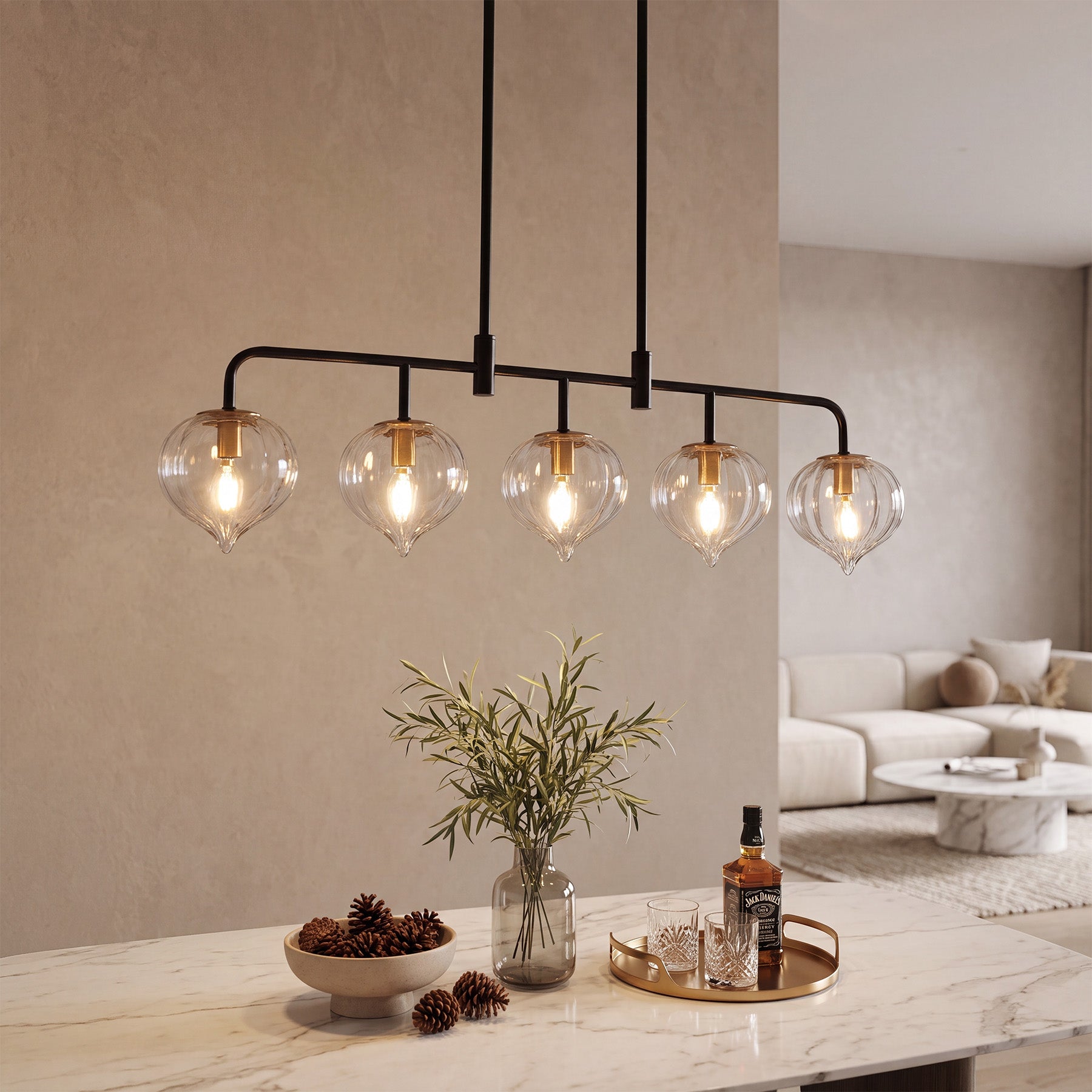 5-Light Pendant Light, Linear Kitchen Island Light Fixture with Adjustable Downrods & Clear Ribbed Glass Shades