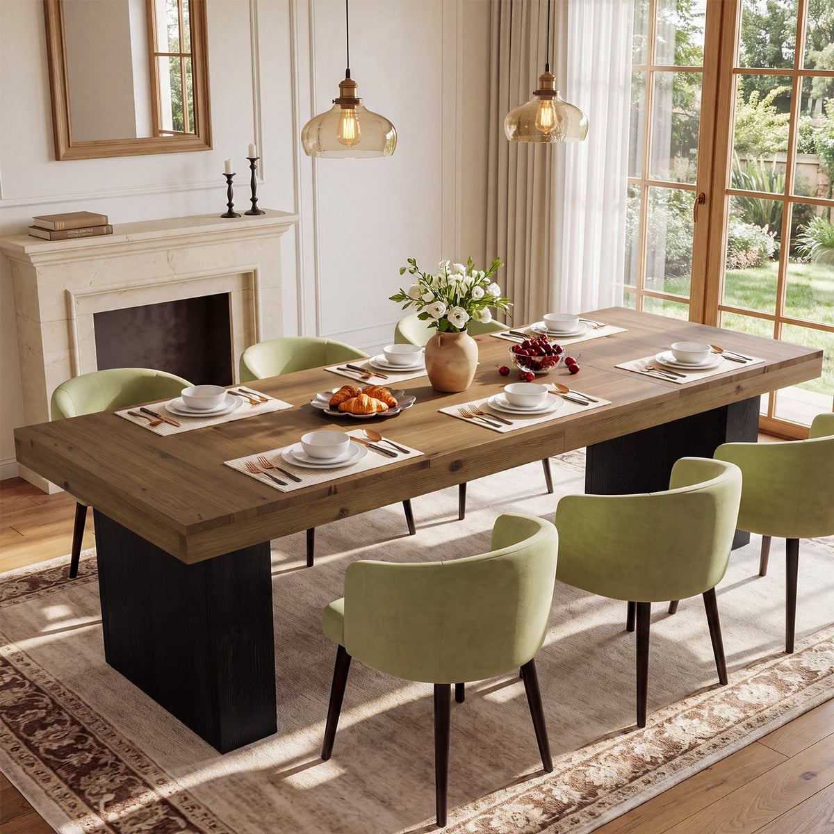 79" Solid Wood Dining Table, Rectangular Kitchen Table with Double Pedestal Base for 6–8 People