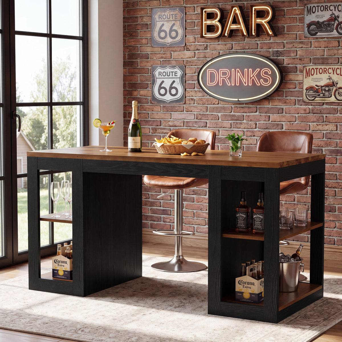63" Solid Wood Counter Height Bar Table with 2-Tier Storage & Thick Top