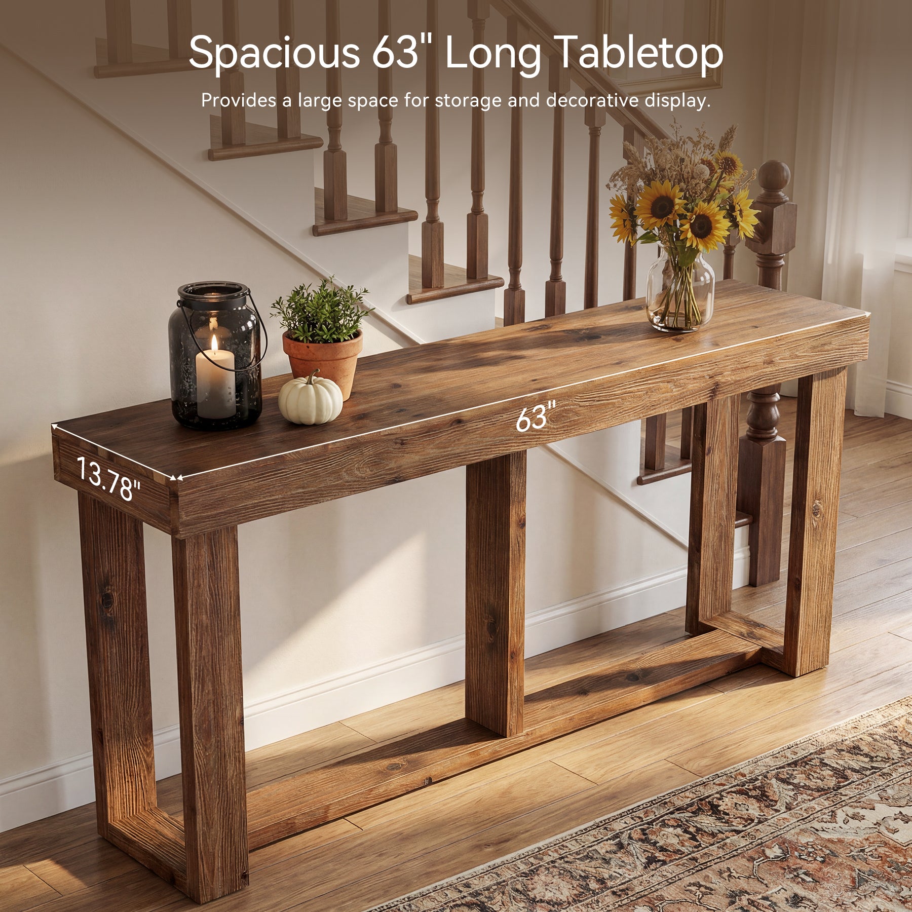 63" Solid Wood Console Table, Farmhouse Sofa Entryway Table for Living Room