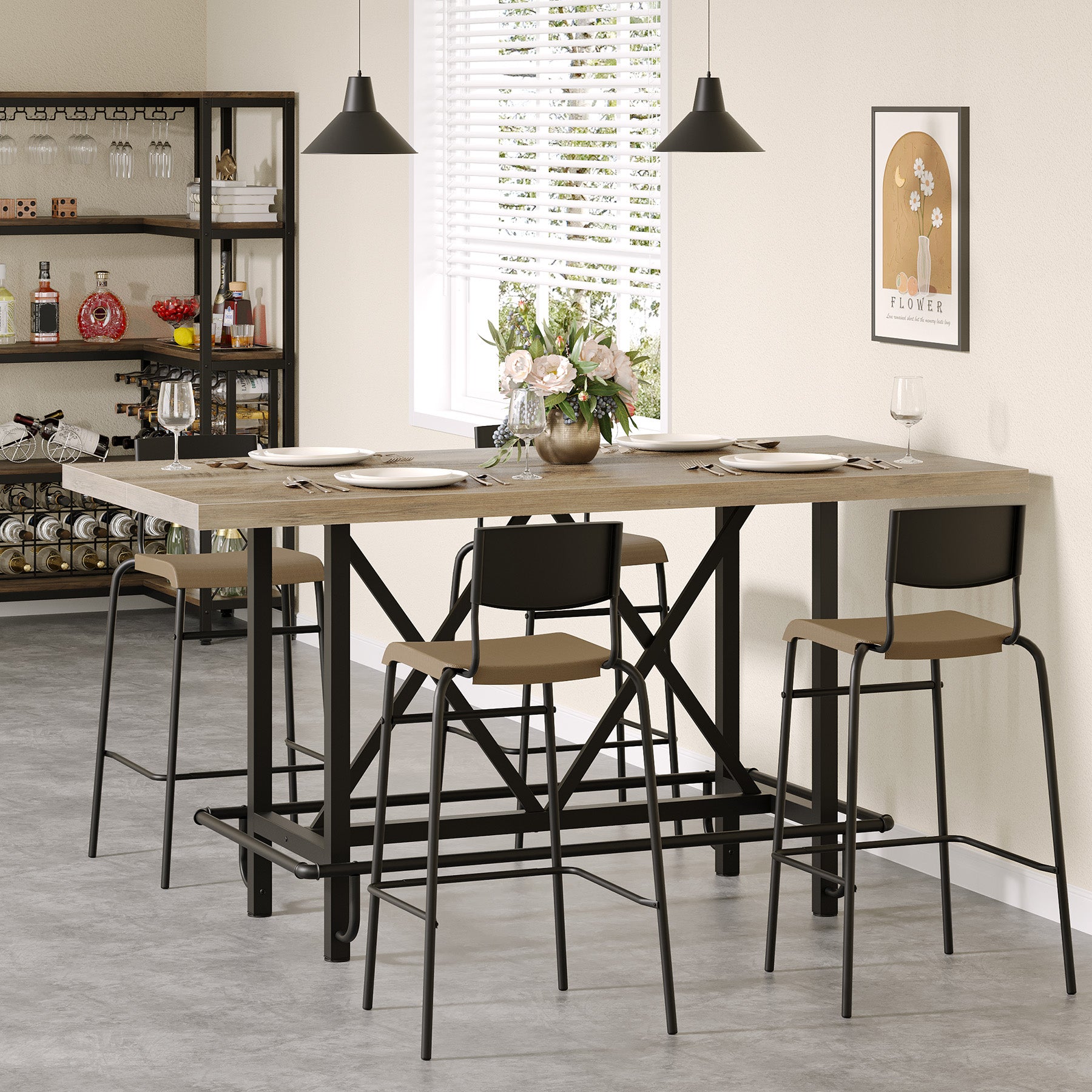 63" Rectangular Dining Table for 6, Counter-Height Kitchen Table with Metal Legs