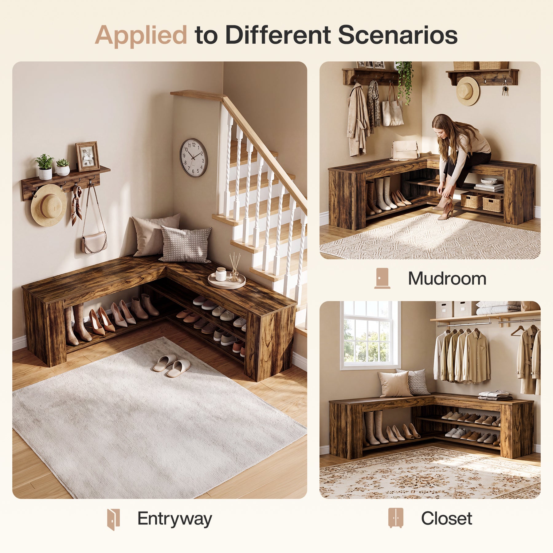 47" L-Shaped Corner Shoe Bench with Storage, Entryway Bench with Open Shelves for Boots & Shoes