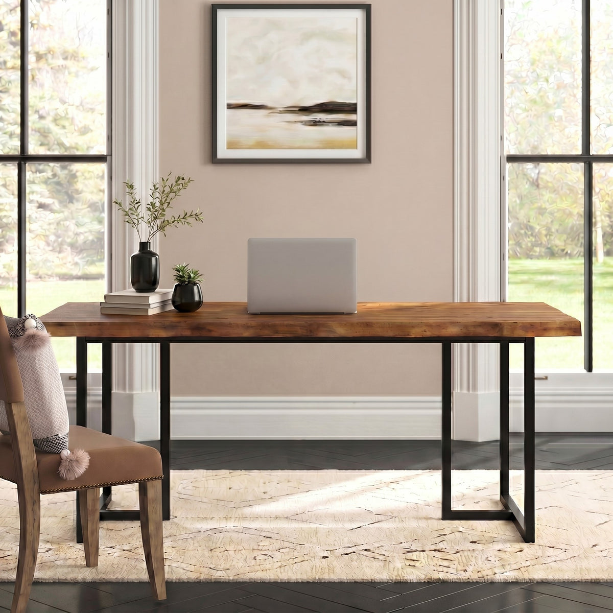 63" Live Edge Executive Desk, Solid Wood Home Office Desk, Heavy-Duty Metal Frame