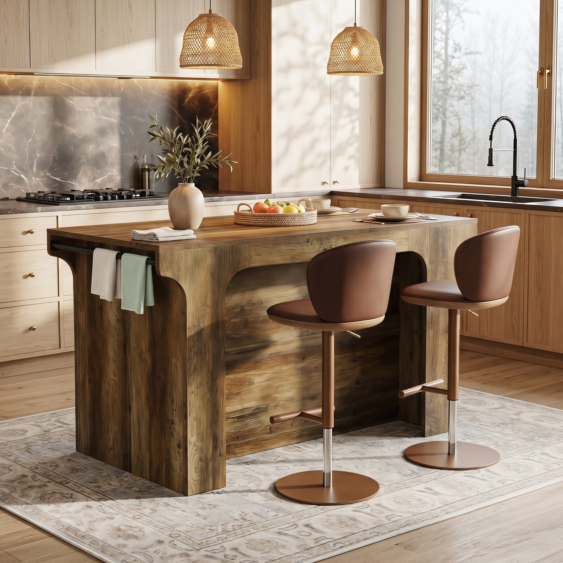 55" Wooden Kitchen Island, Stationary Dinner Prep Station with 2 Shelves