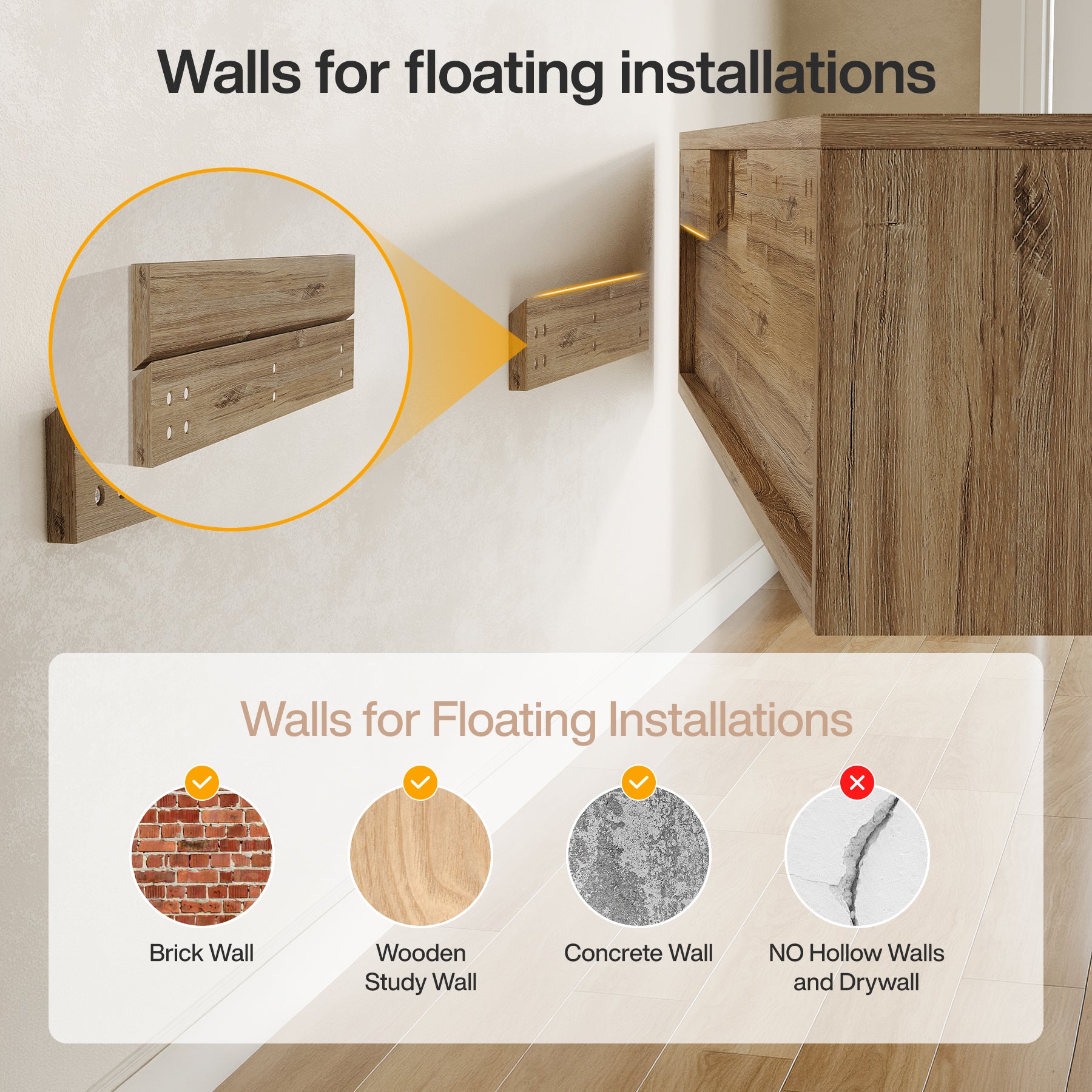 Floating TV Stand, 55" Wall Mounted Media Console with 2 Fluted Drawers