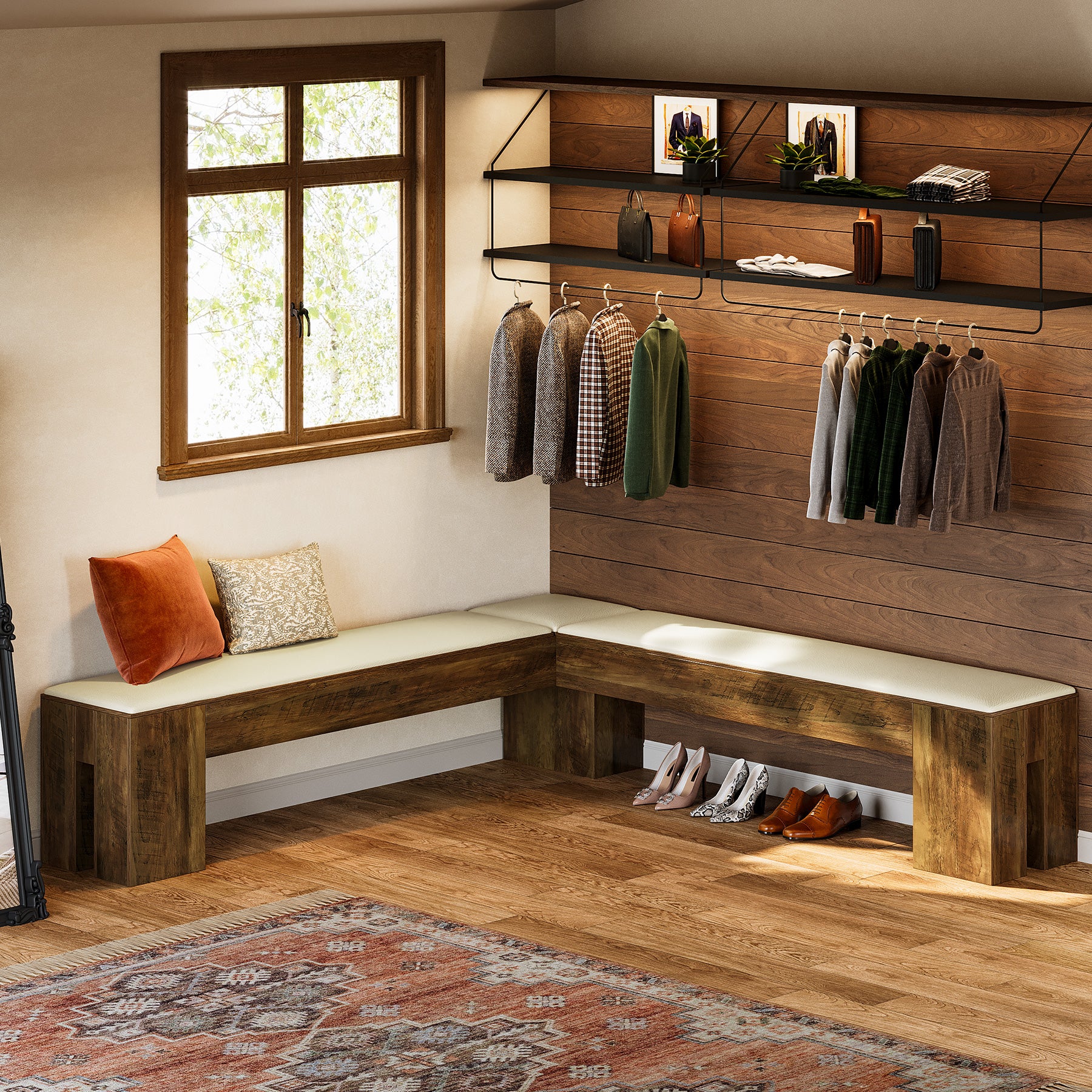 L-Shaped Bench, 61" Entryway Shoe Bench with Padded Seat Cushion