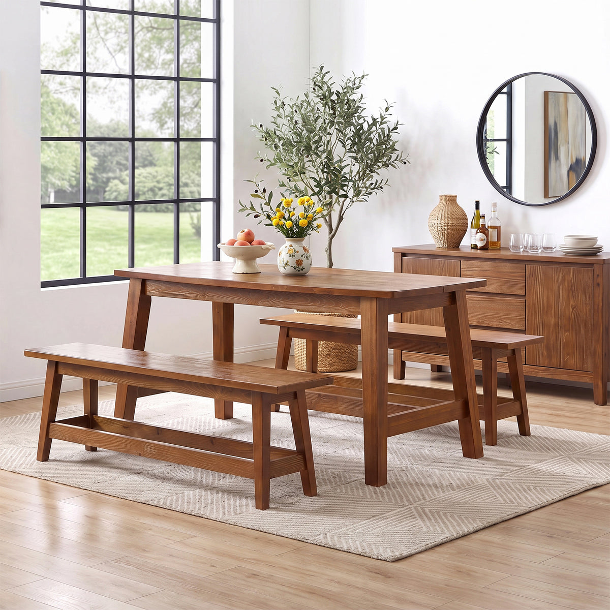 55" Farmhouse Dining Table Set with 2 Benches, Solid Wood Kitchen Table for 4