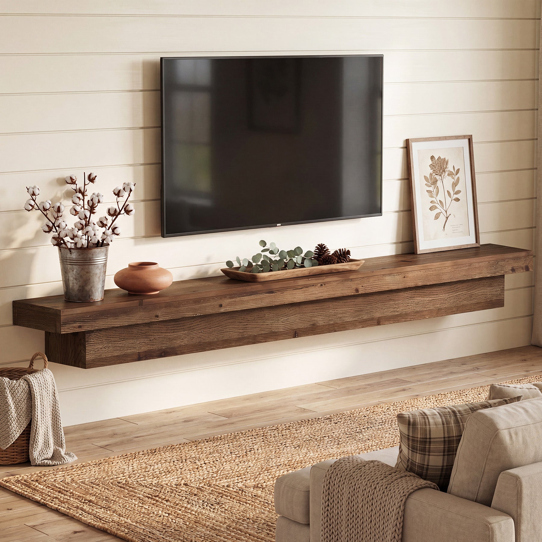 70.9" Solid Wood TV Stand, Floating Wall Mounted TV Shelf for TVs up to 75 Inches