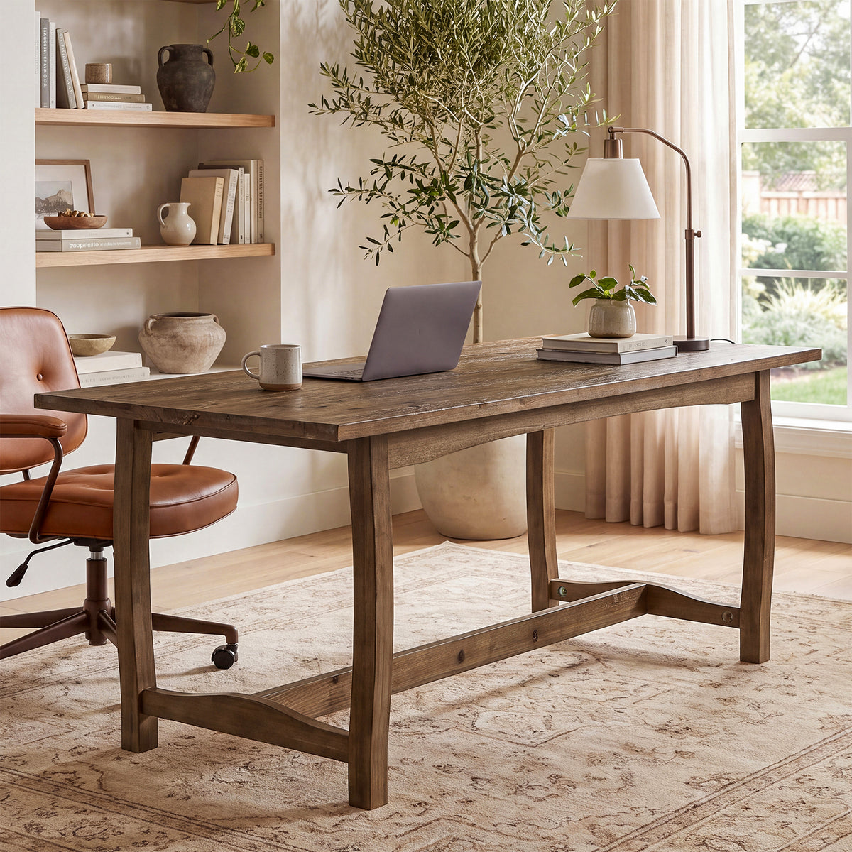 63" Solid Wood Executive Desk, Farmhouse Computer Desk with Reinforced Trestle Base