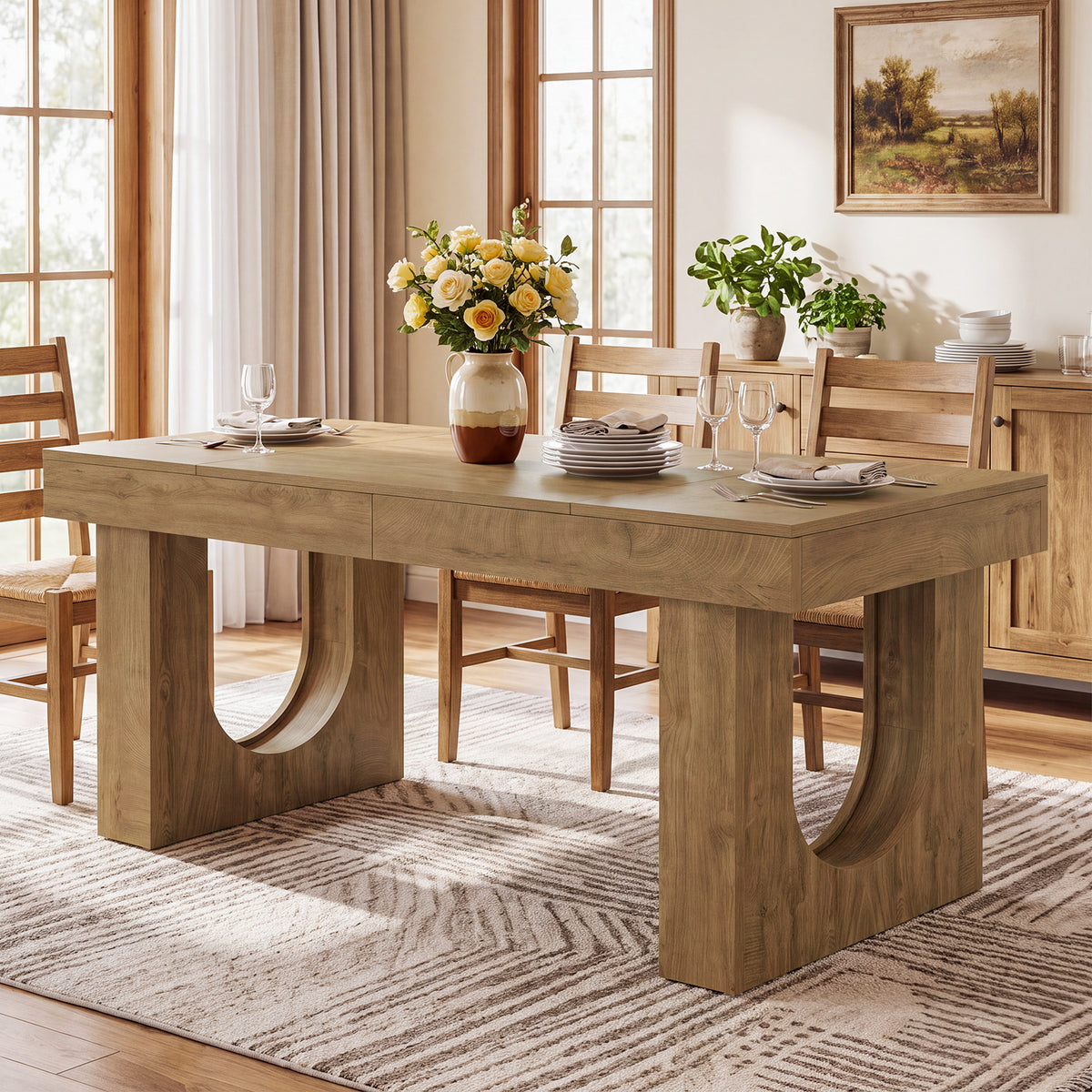 55" Farmhouse Dining Table for 4-6, Rectangular Kitchen Table with U-Shape Legs
