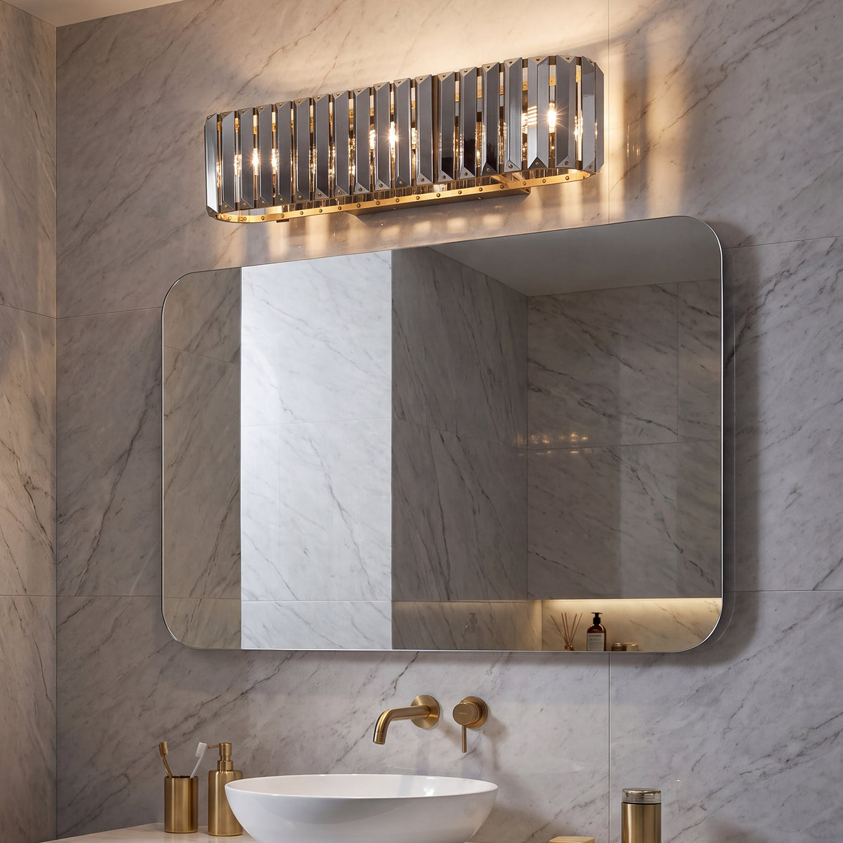 3-Light 19.7" Bathroom Vanity Light, Gold Wall Sconce with Smoky Crystal