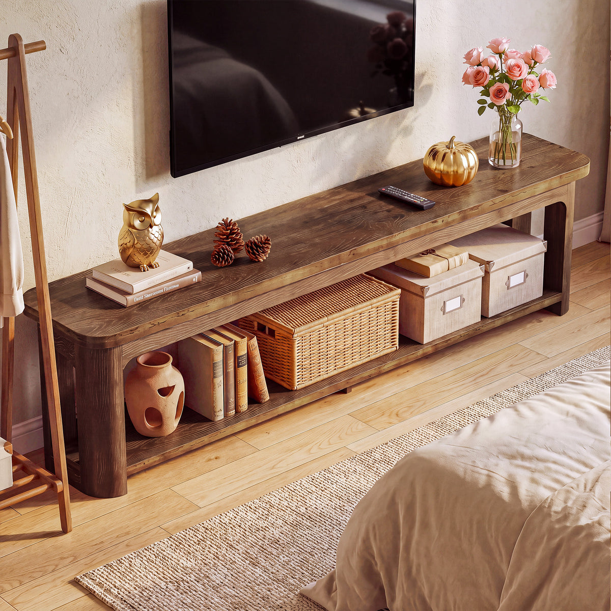 71 Inch Solid Wood TV Stand with Open Storage Shelf, Farmhouse Media Console for Living Room