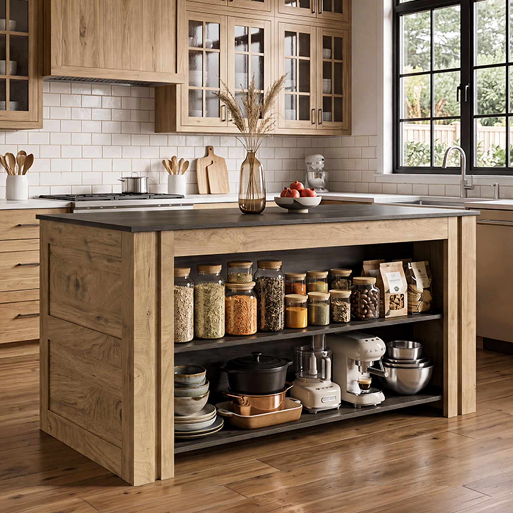 59" Kitchen Island, 3-Tier Farmhouse Coffee Bar Table with Large Worktop & Storage
