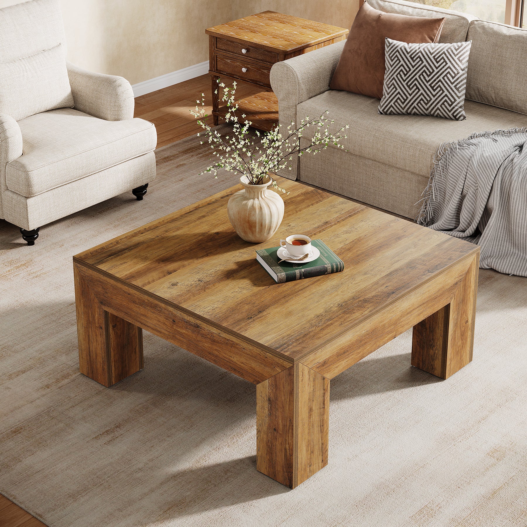 Square Coffee Table, 39.37"  Center Tea Accent Table with Sturdy Legs