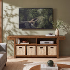 63" Farmhouse Solid Wood TV Stand with 4 Baskets & 2 Open Shelves