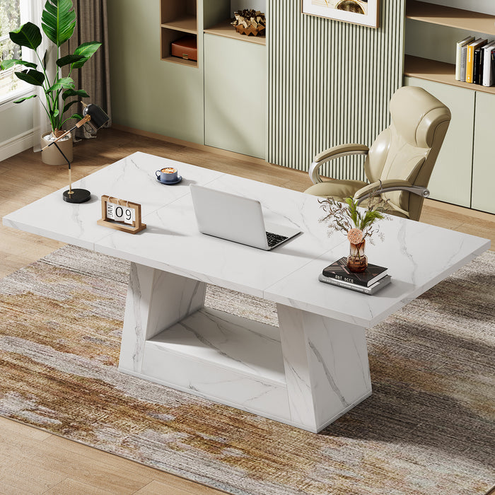 63" Wood Computer Desk, Faux Marble Executive Desk Office Desk