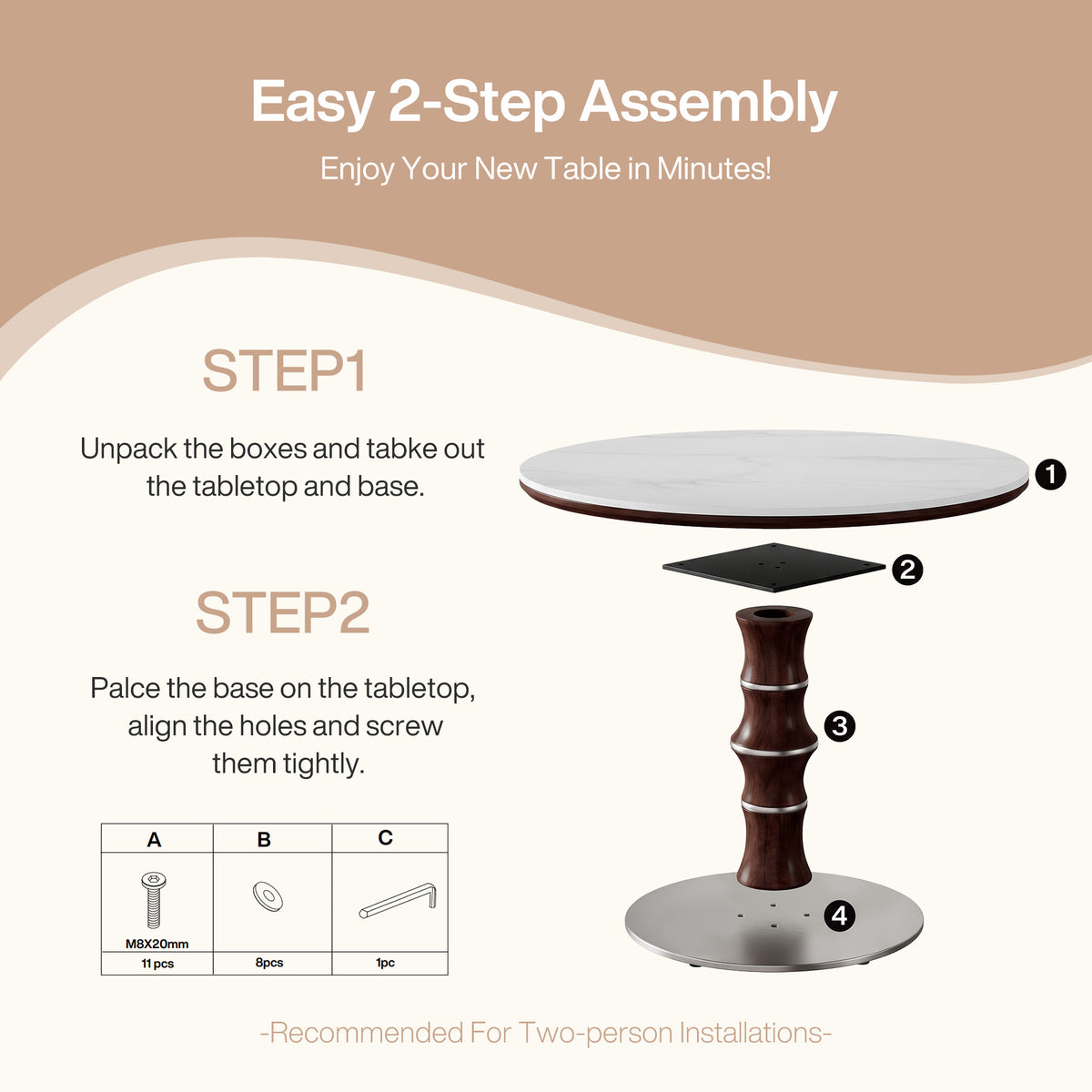 35" Round Sintered Stone Dining Table for 2-4, Rubberwood Pedestal & Stainless Steel Base