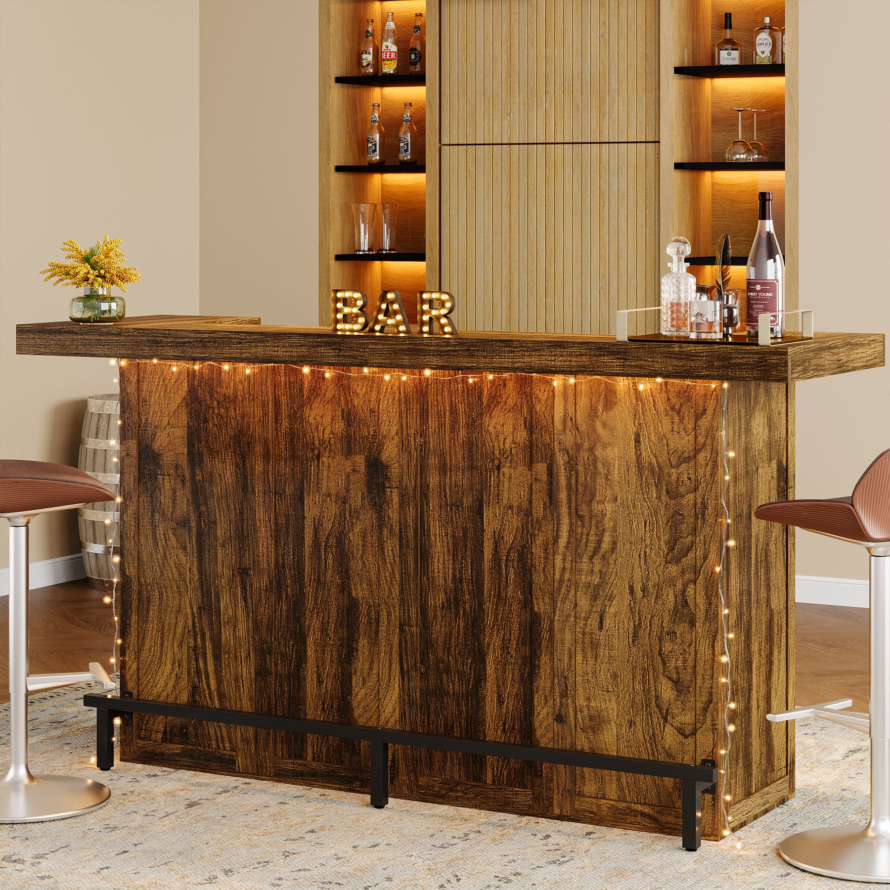 70.9" Bar Table, Modern Liquor Cabinet with 4-Tier Storage Shelves